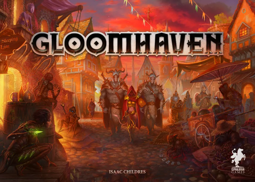 Miniatures and cards on the board of the cooperative dungeon crawler Gloomhaven Jaws of the Lion