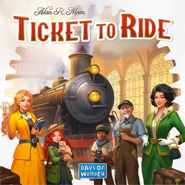 A family happily playing the best family board game Ticket to Ride.