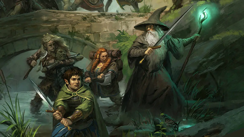 Cover art of The One Ring RPG, featuring a stylized depiction of the Fellowship or characters traveling through a recognizable Middle-earth landscape.
