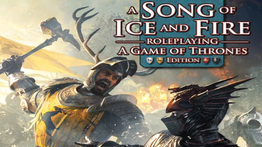 Cover art of the A Song of Ice and Fire RPG, showing characters in detailed, serious armor or engaged in a political intrigue scene within Westeros.