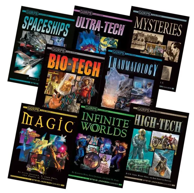 A neutral image showing multiple GURPS rulebooks covering diverse genres (Fantasy, Sci-Fi, Horror, etc.) to emphasize its universal nature.