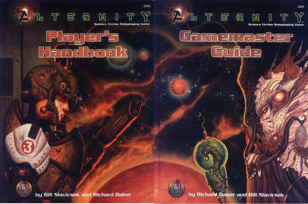 Cover art of the Alternity RPG core book, featuring a blend of futuristic technology, spaceships, and diverse alien characters.