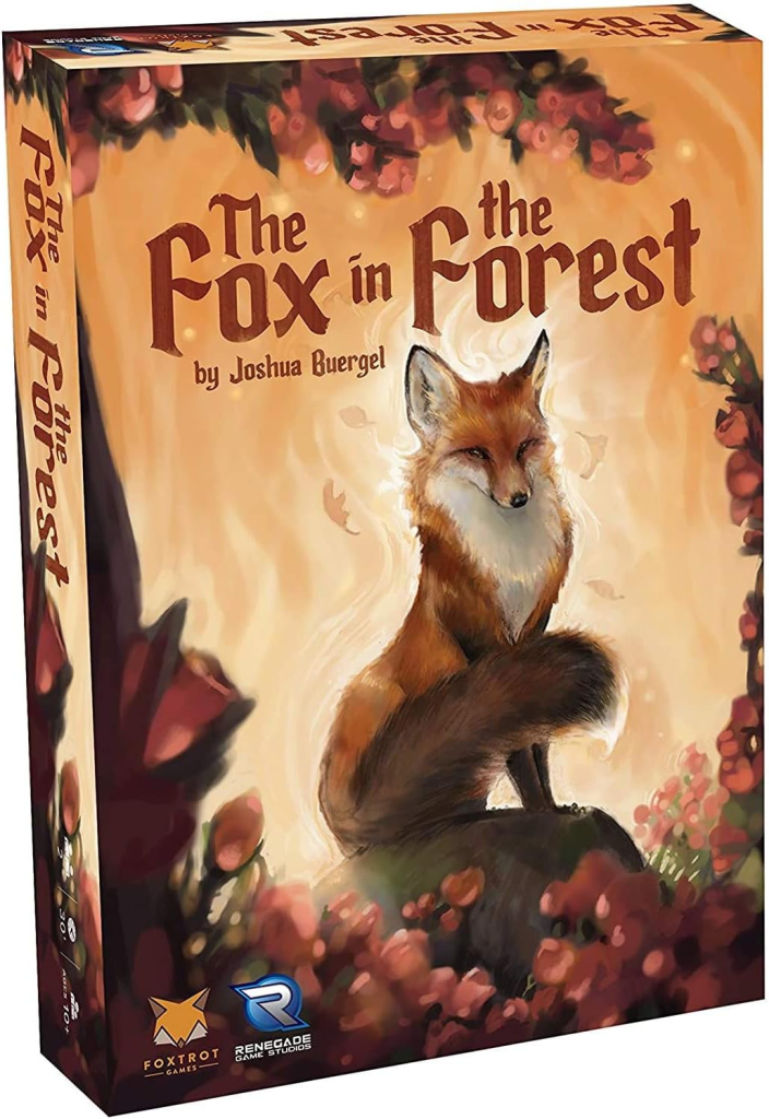 The Fox in the Forest card game box cover featuring fairy tale forest artwork and two-player trick-taking game branding by Renegade Game Studios