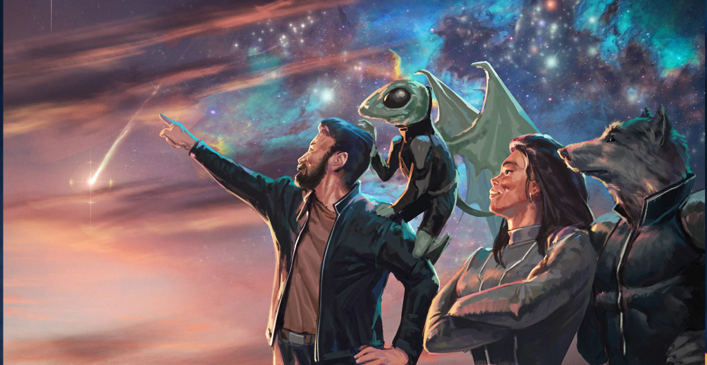 Cover art of the Traveller core rulebook, often featuring a sleek starship in flight or a group of mercenaries on a dusty, alien world.