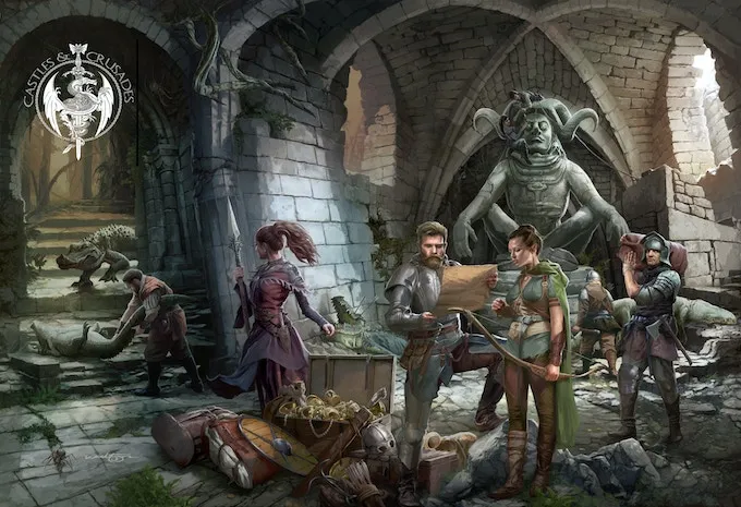 Cover art of the Castles & Crusades Player's Handbook, showing classic fantasy characters and a traditional medieval setting.