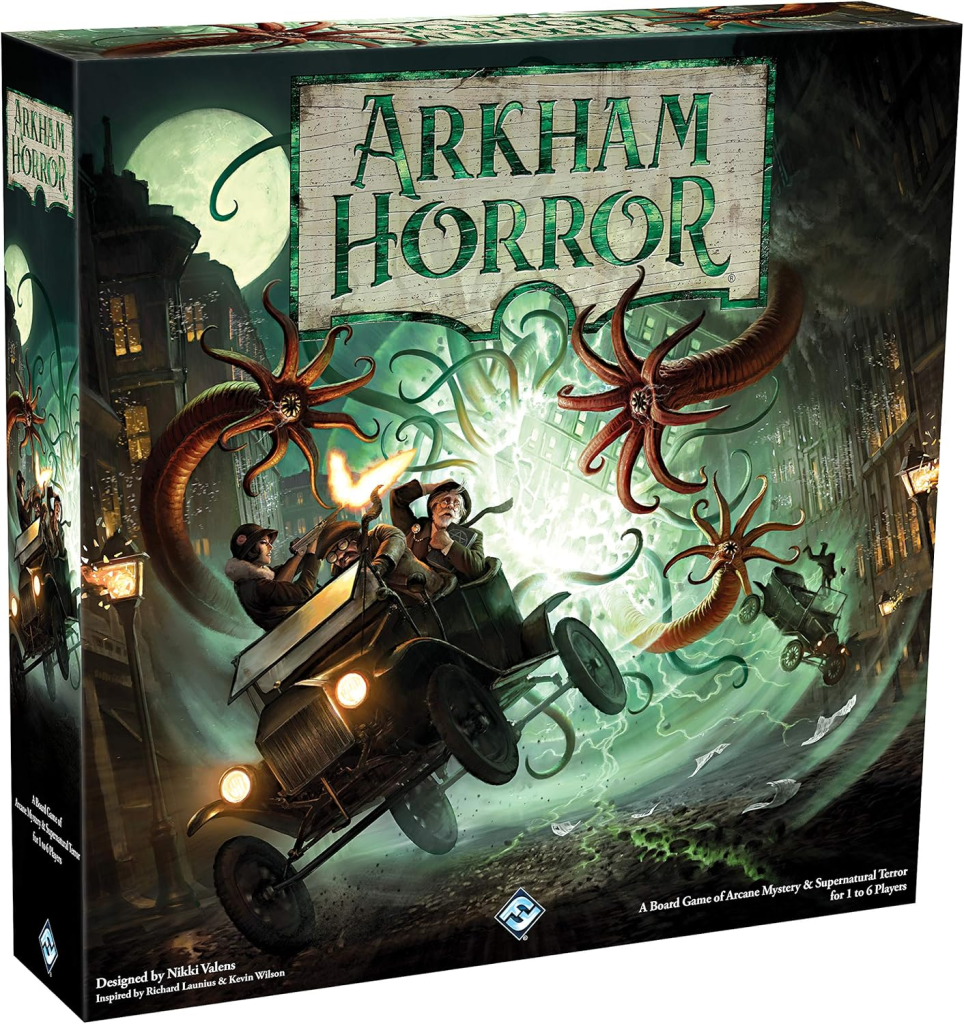 Arkham Horror Third Edition board game box cover featuring Lovecraftian horror artwork by Fantasy Flight Games for 1-6 players