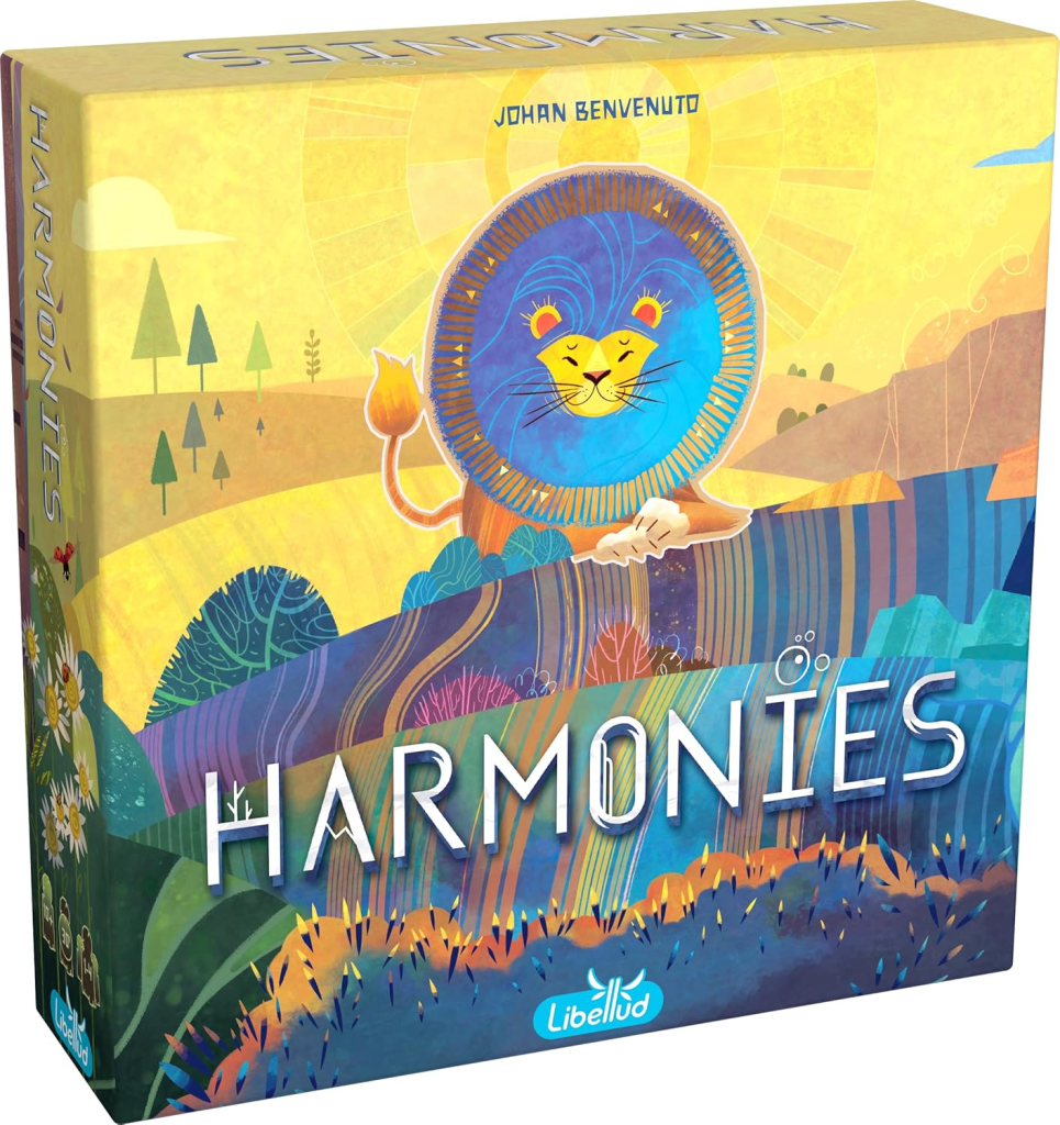Harmonies board game box cover by Libellud featuring colorful landscape tokens and animal habitat artwork for 1-4 players ages 10+