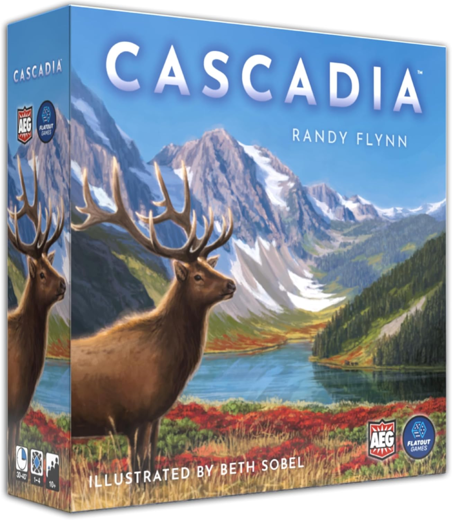 Cascadia board game box cover by AEG and Flatout Games featuring Pacific Northwest wildlife and habitat artwork, Spiel des Jahres 2022 winner