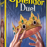 Splendor Duel board game box cover by Space Cowboys featuring jewel merchant artwork for two players, designed by Bruno Cathala and Marc André