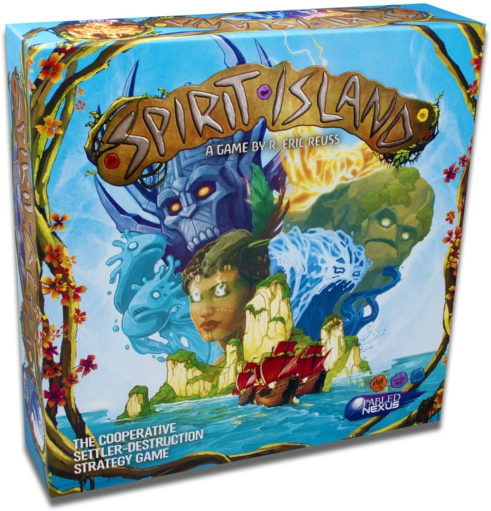 Players setup of Spirit Island, a complex and challenging strategy game among the best solo board games.