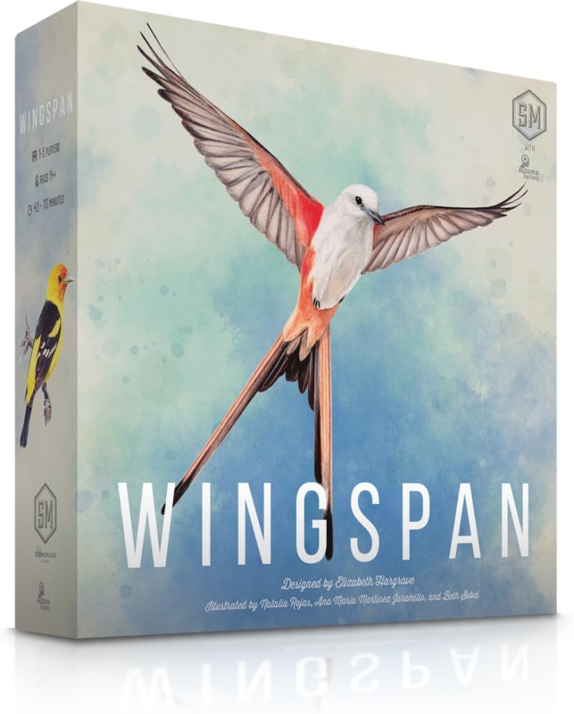 Beautiful bird cards and tokens from Wingspan, an elegant choice among the best solo board games.