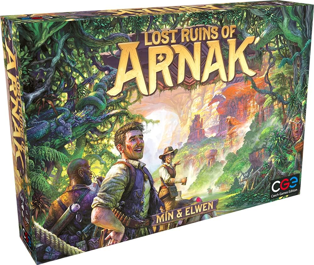 Lost Ruins of Arnak box on a table, combining deck building and worker placement for solo board games.