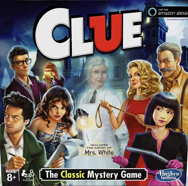 Clue board game setup with mansion board, suspect pieces, and weapon tokens