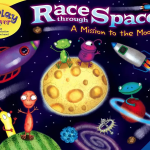 Race through space board game by Ravensburger showing colorful space-themed board with rockets