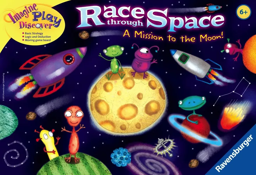 Race through space board game by Ravensburger showing colorful space-themed board with rockets