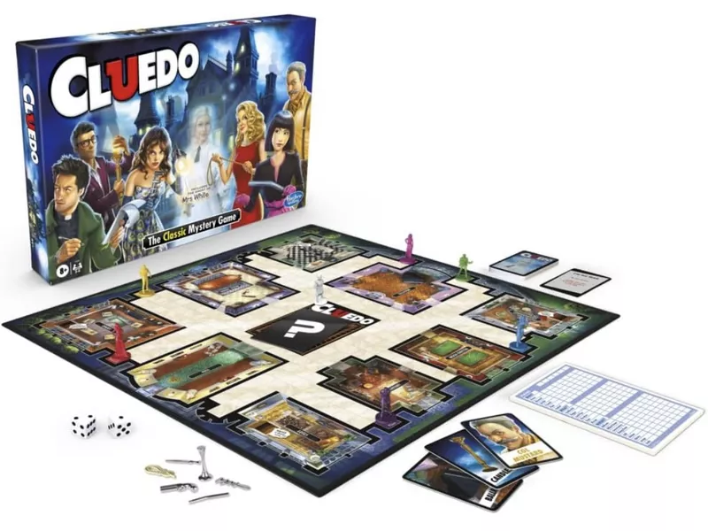 Player making a suggestion in the clue board game by moving suspect and weapon pieces